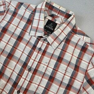 prAna Mens Tamrack Plaid Short Sleeve Button Up Shirt Organic Cotton Like New Md
